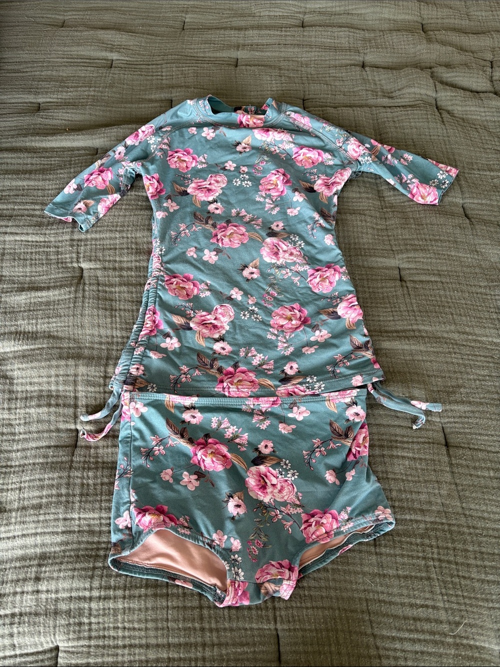 Kids Floral Rash Guard Set - Pink Flowers on Teal
